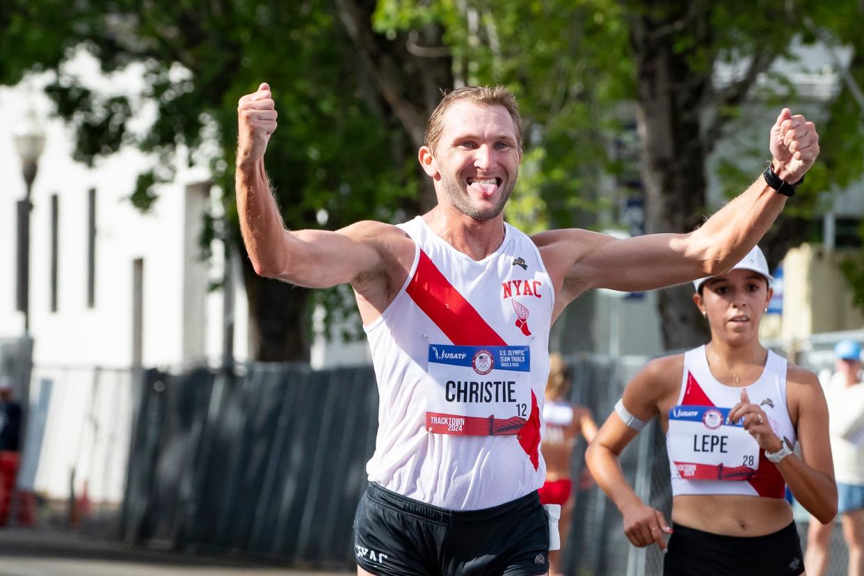 Nick Christie wins the men’s 20K race walk on day nine of the U.S. Olympic Track & Field Trials Saturday, June 29, 2024, in downtown Springfield, Ore.