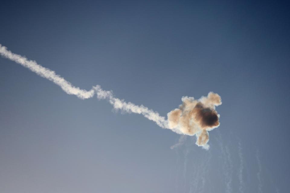 Rockets fired from the Gaza Strip are intercepted by Israel's Iron Dome defense missile system over the southern Israel.