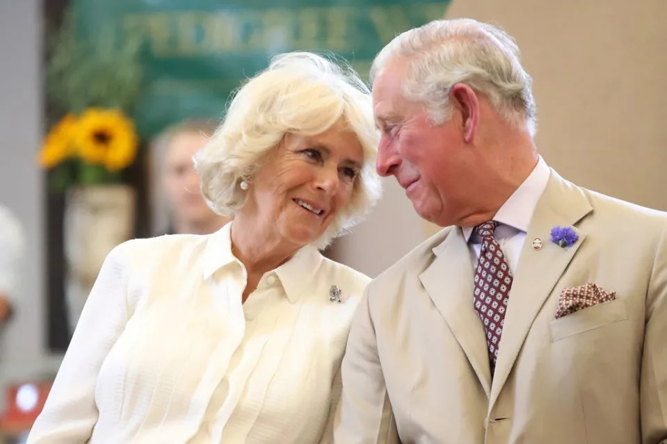 Queen Consort Camilla and King Charles gazing at each other lovingly at a public engagement