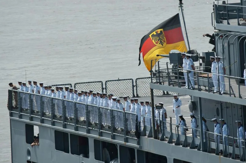 German sailors aboard the Frankfurt am Main participate in the ceremonies celebrating the arrival of two German Navy vessels in Tokyo Bay on Tuesday. Photo by Keizo Mori/UPI