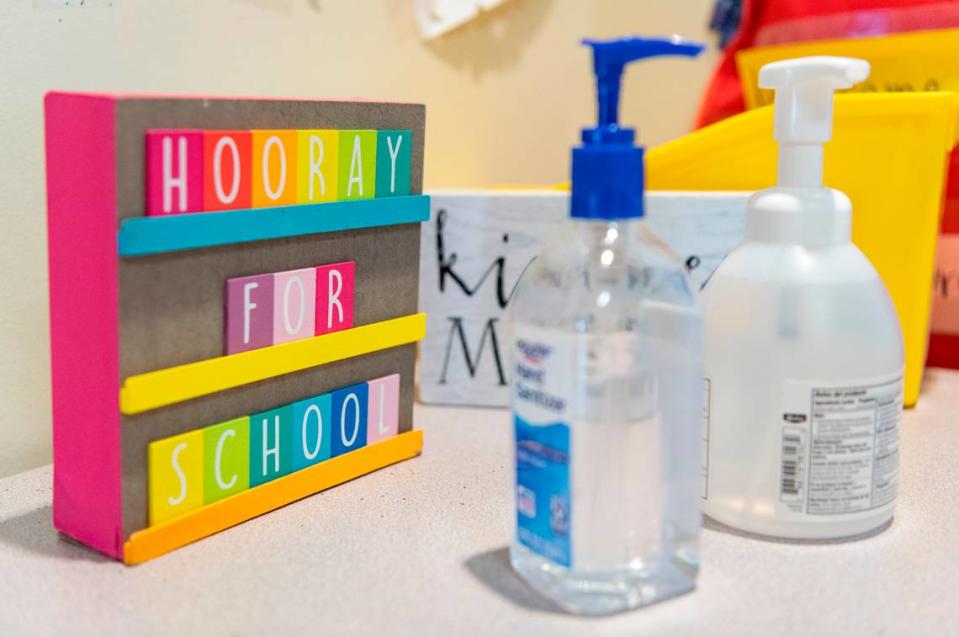 Hand sanitizer outside of a classroom at Mount Nittany Elementary on Friday.