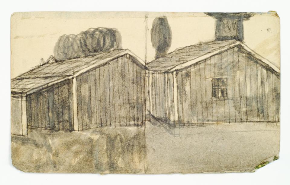James Castle<i>, Untitled (Sheds)</i>, n.d.<i>., s</i>oot and spit on found paper<i>, </i>4 3/4 x 8 inches