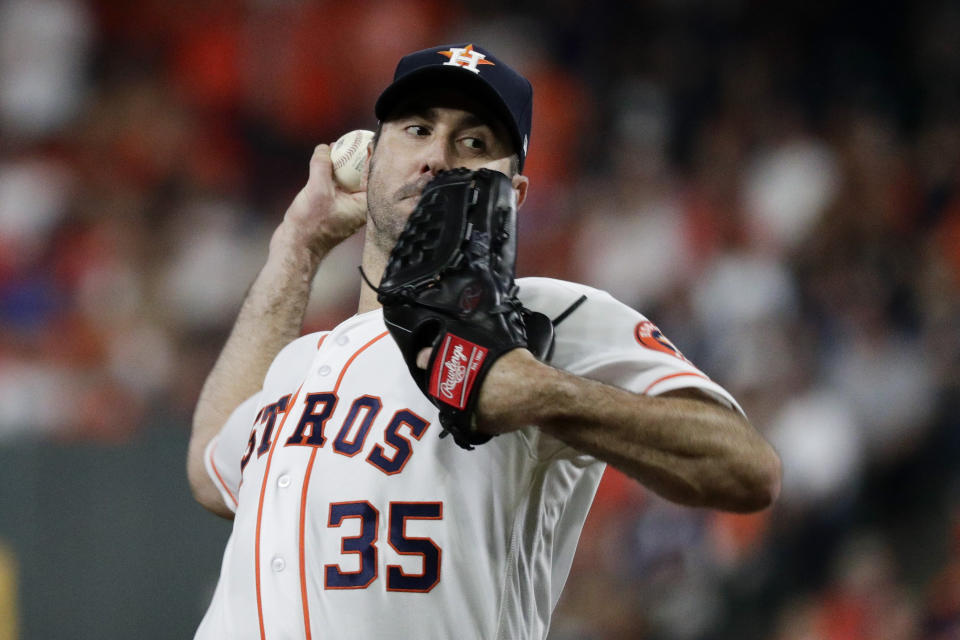 Houston Astros starting pitcher Justin Verlander throws against the New York Yankees during the first inning in Game 2 of baseball's American League Championship Series Sunday, Oct. 13, 2019, in Houston. (AP Photo/Eric Gay)