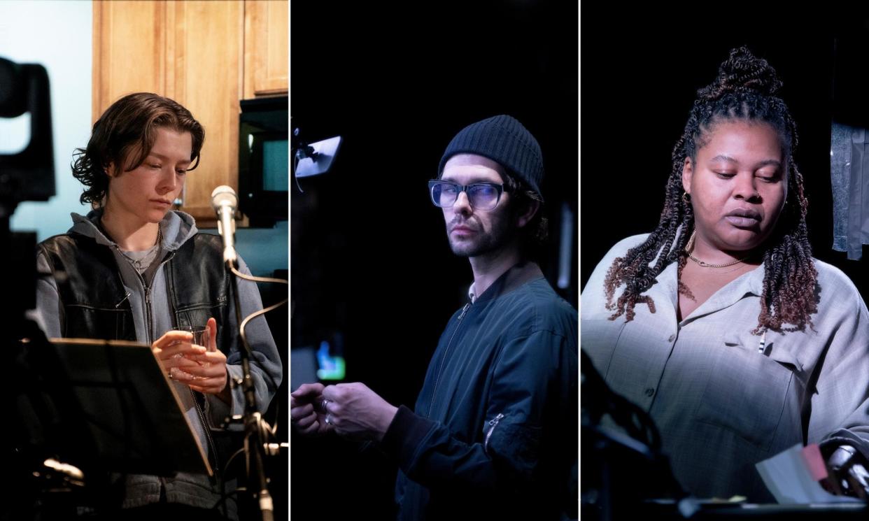 <span>‘Three controlled registers of one voice’: Emma D’Arcy, Ben Whishaw and Kayla Meikle in Bluets. Photographs by Camilla Greenwell</span><span>Composite: Camilla Greenwell</span>