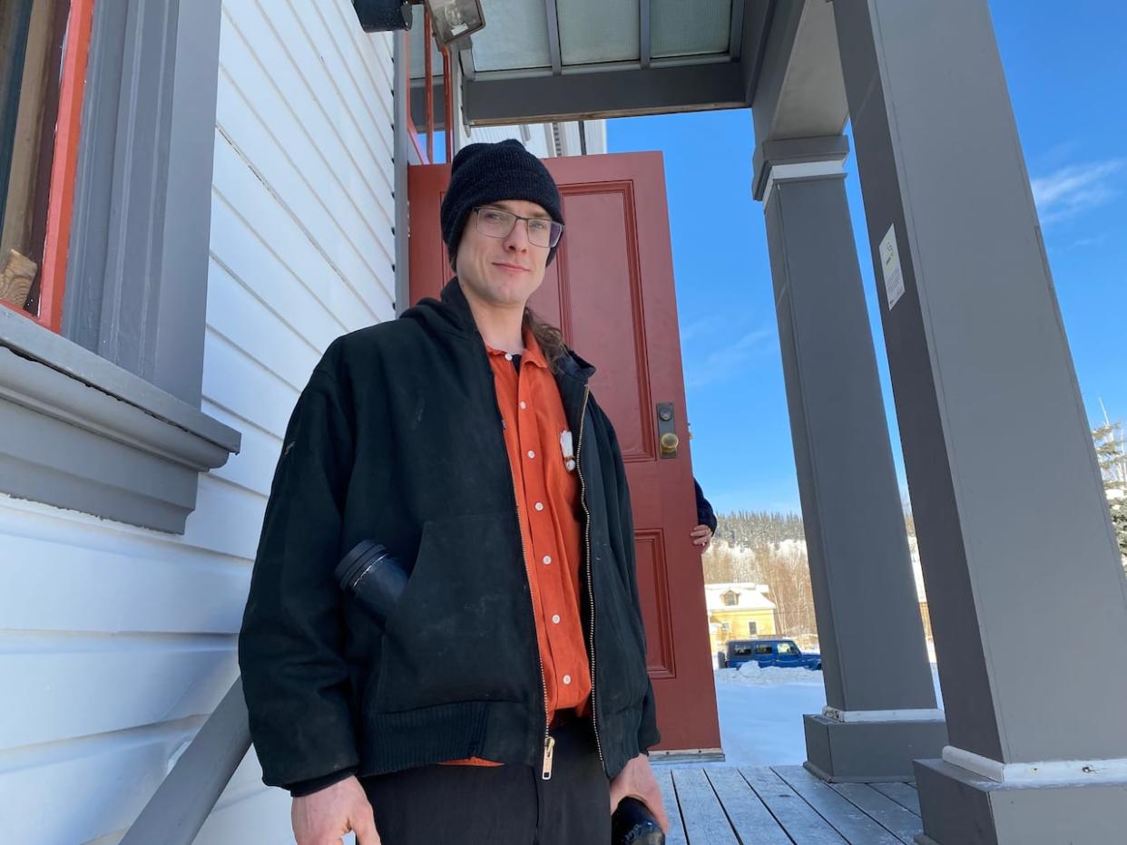 Kane Morgan of Dawson City, Yukon, outside the building that houses Dawson's court room last week. On Thursday, a jury found Morgan not guilty of second-degree murder in the 2018 death of Kevin McGowan, in Dawson City. Morgan will be sentenced for manslaughter later this month. (Chris McIntyre/CBC - image credit)