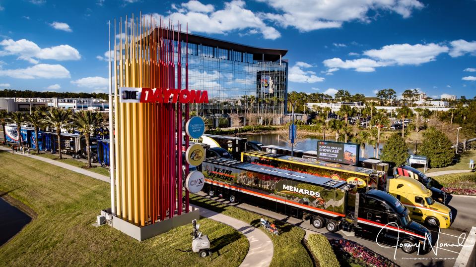 This is a photo of the NASCAR Haulers Showcase event from a previous year at the One Daytona entertainment/retail complex across the street from Daytona International Speedway. The free open-to-the-public event will be held again this year on Tuesday, Feb. 13, 5 to 7 p.m. at One Daytona.