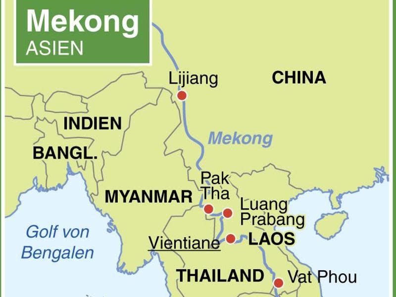 Der Mekong durchquert sechs Länder Südostasiens. Dabei passiert er auch das Goldene Dreieck, wo Thailand, Myanmar und Laos aneinandergrenzen. Foto: dpa-infografik