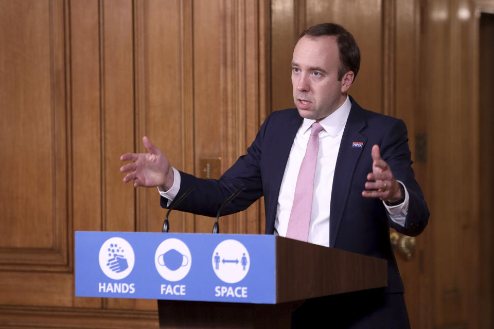 Britain's Health Secretary Matt Hancock speaks during a media briefing on coronavirus in Downing Street, London, Friday, Nov. 20, 2020. (Trevor Adams/Pool Photo via AP)