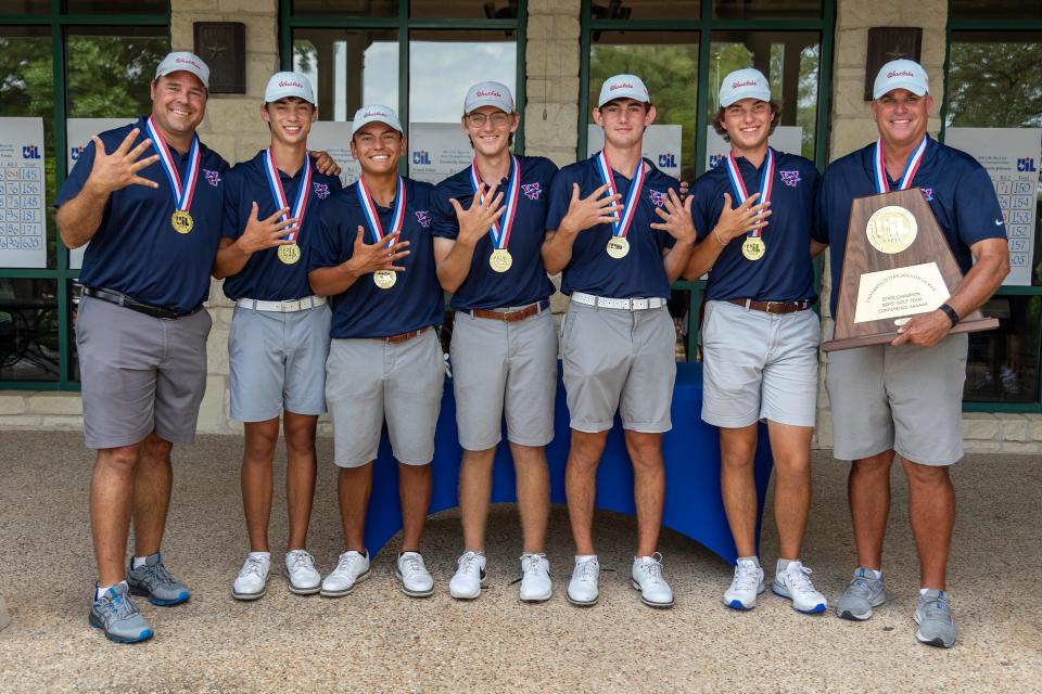 Westlake's boys golf team won the Class 6A boys golf state golf tournament in Georgetown in May. The team includes, from left, assistant coach Lane Grigg, Grant Feldman, Jacob Sosa, Sean-Karl Dobson, Zach Kingsland, Grant Yerger and head coach Callan Nokes. The Chaps won a fifth consecutive state title and helped Westlake tie for fourth in the Class 6A Lone Star Cup standings.
