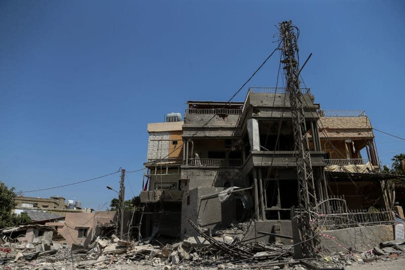 A view of rubble of destroyed houses caused by Israeli air raids are seen in the Lebanese southern village of Naqura.  At least one person was killed and more than seven others wounded in an Israeli airstrike overnight that hit a house in southern Lebanon, security sources and state media reported on 14 June.Lebanon's National News Agency said a house was targeted in Janata Marwan Naamani/dpa