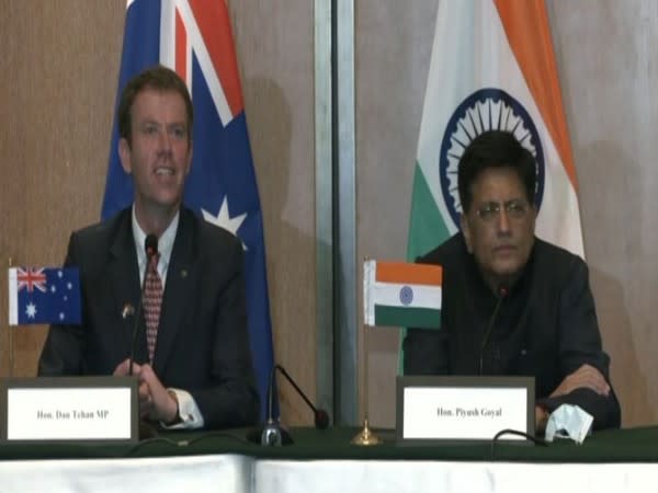 Australian Minister Dan Tehan and Commerce Minister Piyush Goyal addressing media briefing on Thursday. (Photo/ANI)