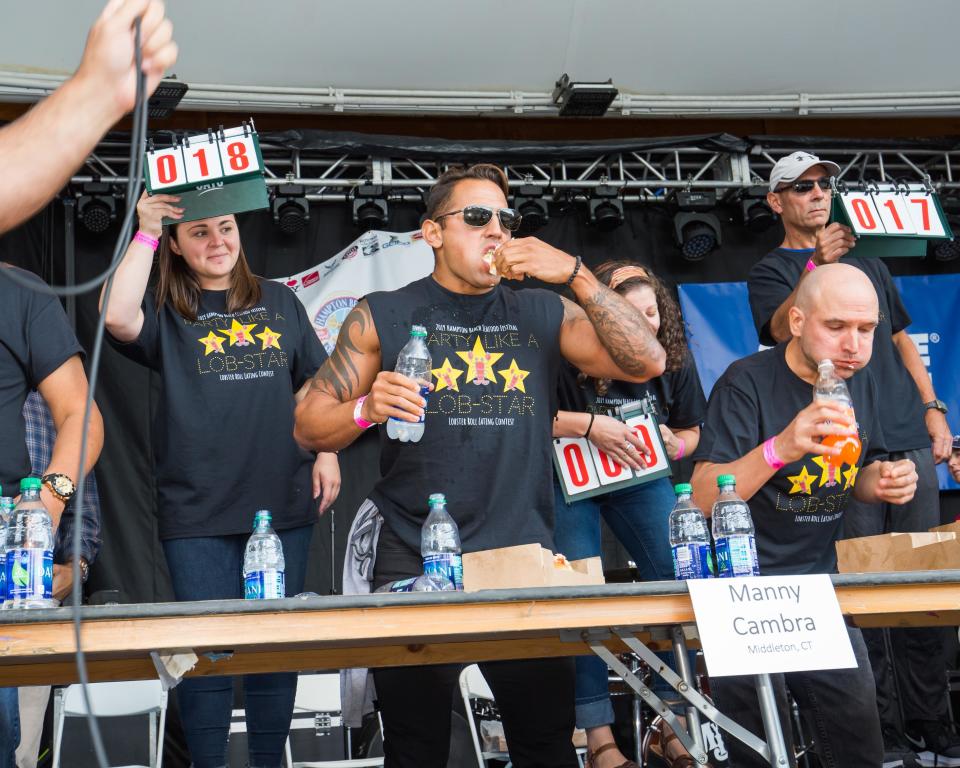 Eight competitors, including returning champ Manny Cambra, will try to out-eat each other to be crowned the festival’s lobster-roll eating champion.