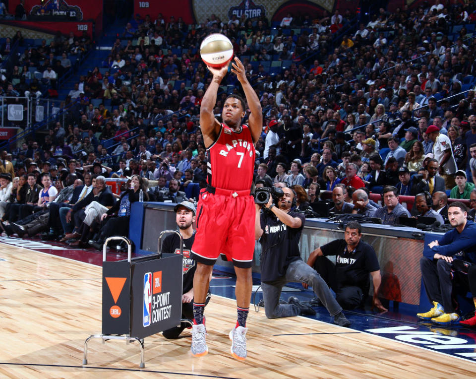 Kyle Lowry participated in the 3-Point Shootout with an injured wrist. (Getty Images)