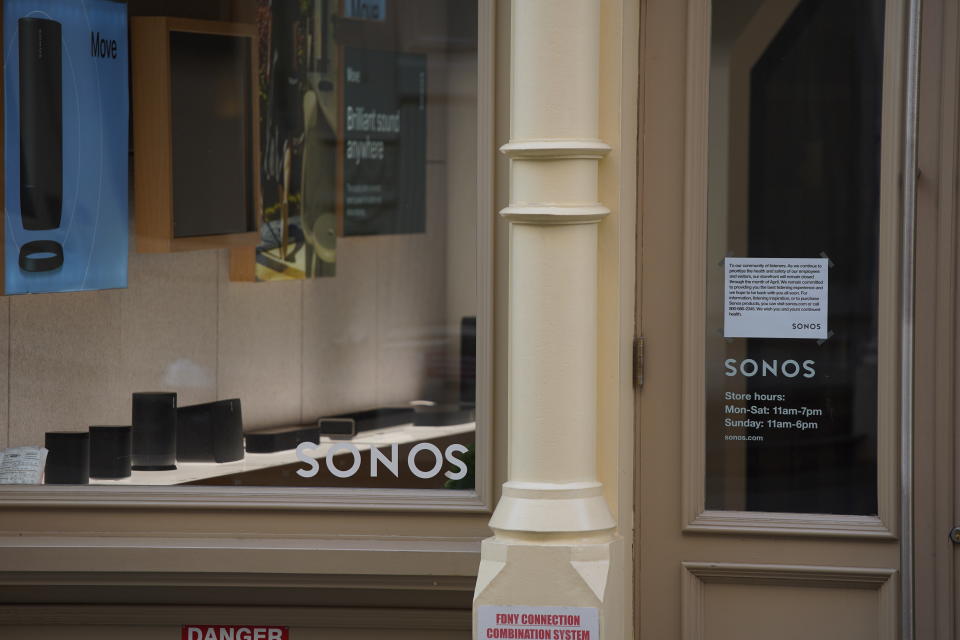 NEW YORK, NEW YORK - MAY 16: A Sonos store remains closed in the Soho section of manhattan during the coronavirus pandemic on May 16, 2020 in New York City. COVID-19 has spread to most countries around the world, claiming over 312,000 lives with infections of over 4.7 million people. (Photo by Rob Kim/Getty Images)