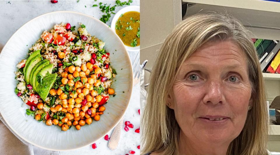 A quinoa salad with chickpeas, herbs and avocado (left image). Dr. Leena Hilakivi-Clarke (right image).