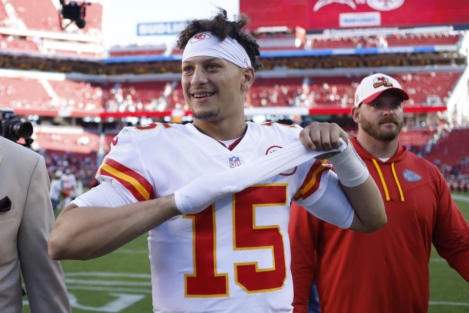 Kansas City Chiefs quarterback Patrick Mahomes (15) smiles after the Chiefs defeated the San Francisco 49ers in an NFL football game in Santa Clara, Calif., Sunday, Oct. 23, 2022. (AP Photo/Jed Jacobsohn)