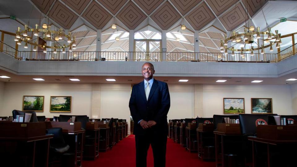 North Carolina House Democratic Leader Rep. Robert Reives is photographed in the House chambers on Monday, Sept. 19, 2022, in Raleigh, N.C.