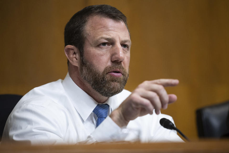 Sen. Markwayne Mullin, R-Okla., speaks at a Capitol Hill hearing on March 30, 2023 (Francis Chung / Politico via AP)