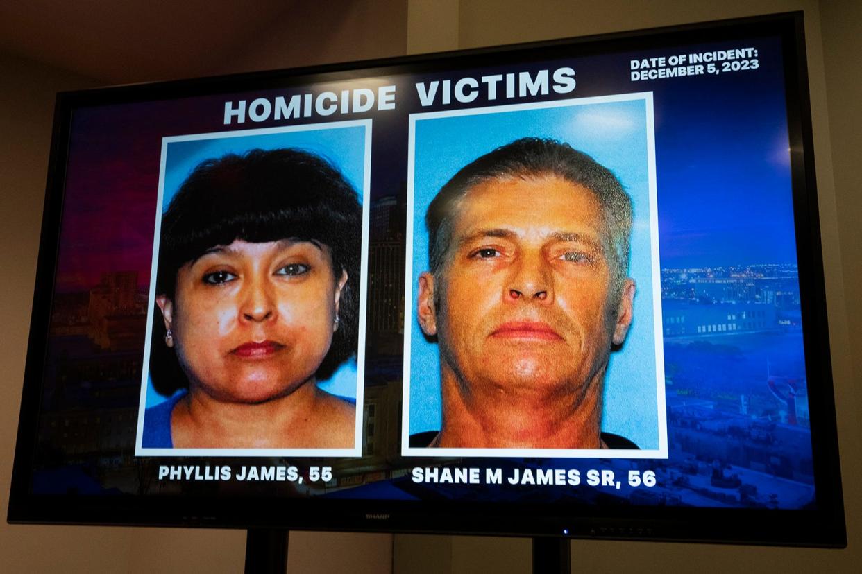 Photos of homicide victims Phyllis James and Shane James Sr. are displayed as Bexar County Sheriff Javier Salazar provides an update on the double homicide that occurred at an East Bexar County home while speaking to the press at the Bexar County Sheriff's Office Headquarters on Wednesday, Dec. 6, 2023.