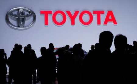 FILE PHOTO: A Toyota logo is displayed at the 89th Geneva International Motor Show