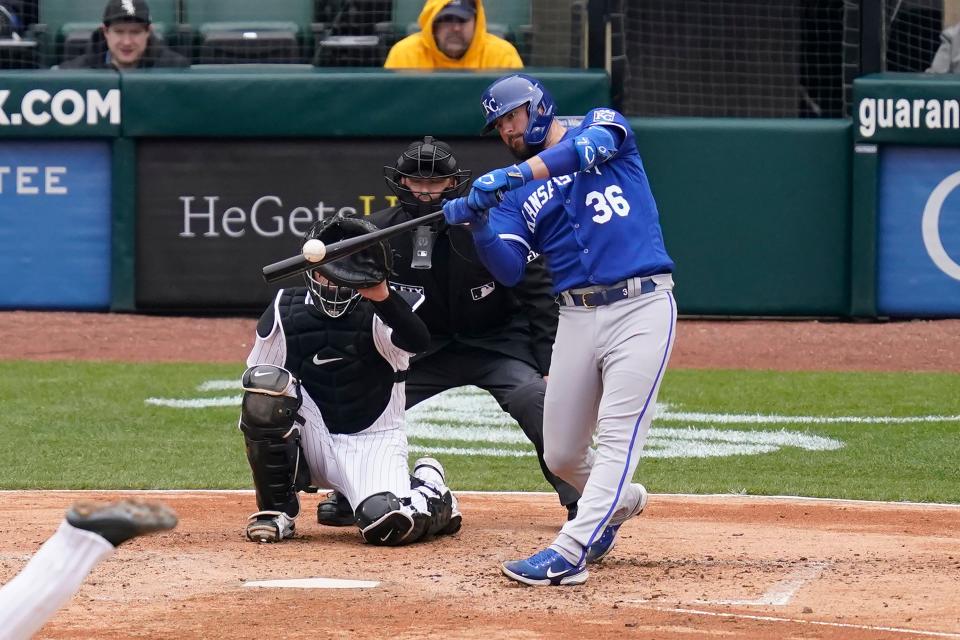 Cam Gallagher singles for the Royals off White Sox starter Michael Kopech during the fifth inning, Thursday, April 28, 2022, in Chicago.