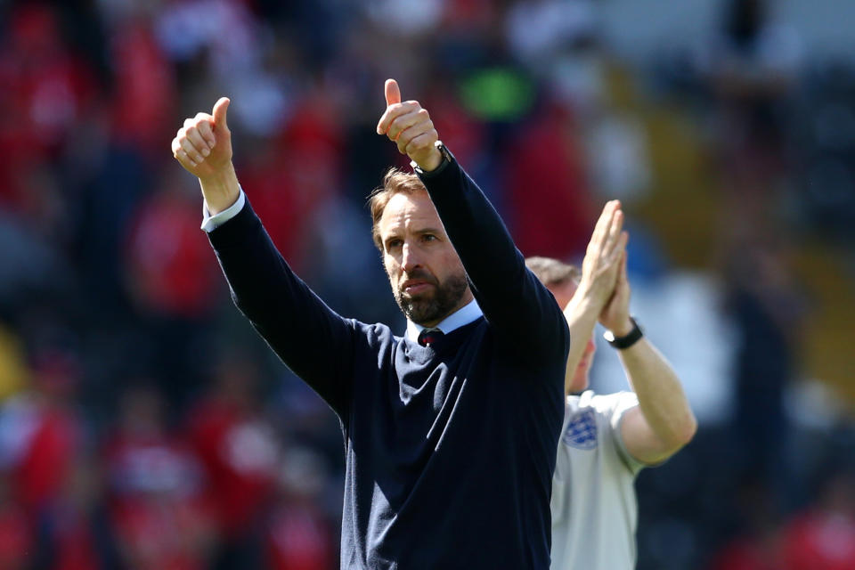 GUIMARAES, PORTUGAL - JUNE 09: Gareth Southgate manager of England celebrates following victory in the UEFA Nations League Third Place Playoff match between Switzerland and England at Estadio D. Afonso Henriques on June 09, 2019 in Guimaraes, Portugal. (Photo by Jan Kruger/Getty Images)