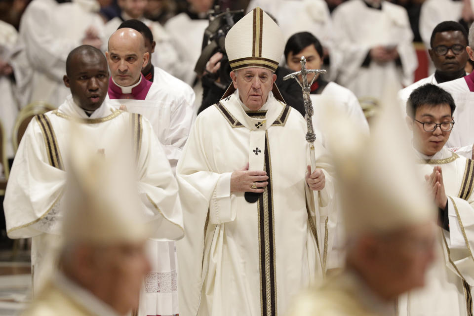 Pope Francis leaves at the end of an Epiphany Mass in St. Peter's Basilica at the Vatican, Monday, Jan. 6, 2020. (AP Photo/Andrew Medichini)