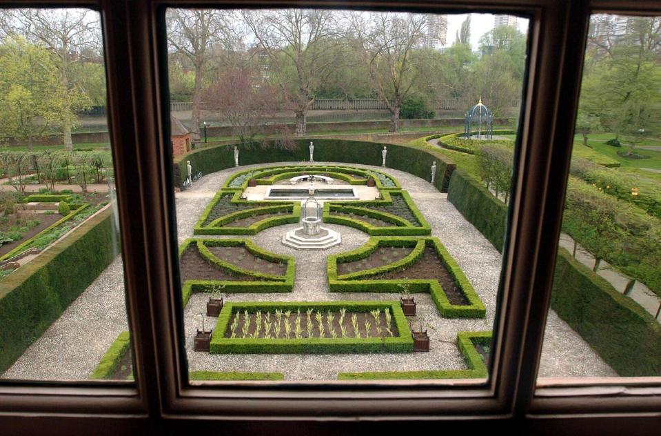A view of the back garden from a window at Kew Palace.