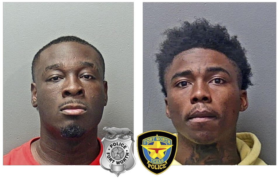 This combo of images provided by the Fort Worth, Texas, Police Department show, Christopher Redic Jr., 20, and Brandon Williams, 19. The two men were arrested Friday, July 7, 2023, on murder charges related to a shooting that killed three people and injured eight others as a crowd of hundreds gathered in a Texas neighborhood on the eve of the Fourth of July, police said. (Fort Worth Police Department via AP)