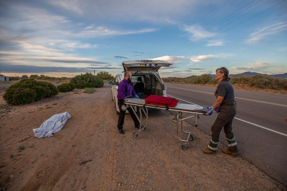 Laura Mae Williams helps move the body of a dead migrant during her OMI investigation in the desert of New Mexico near the U.S.-Mexico border. “It’s heartbreaking,” she said. “You can only begin to imagine their suffering.”