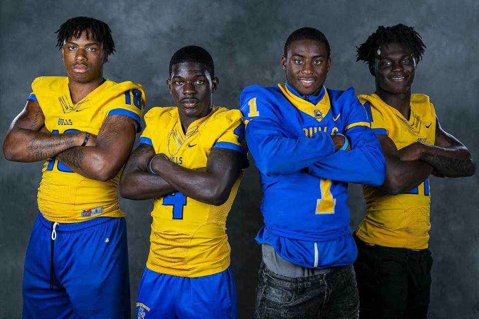 From left to right: Kahlil Brantley, Ronald Delancy III, Romello Brinson and Terrence Lewis, from Miami Northwestern Senior High, attend High School Football Media Day at Hard Rock Stadium in Miami Gardens in August 2019. Brantley and Brinson will arrive at UM to begin their college careers next week.