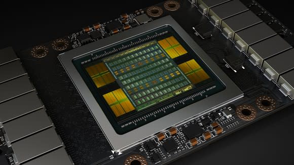 Internal view of NVIDIA's Tesla V100 data center GPU.