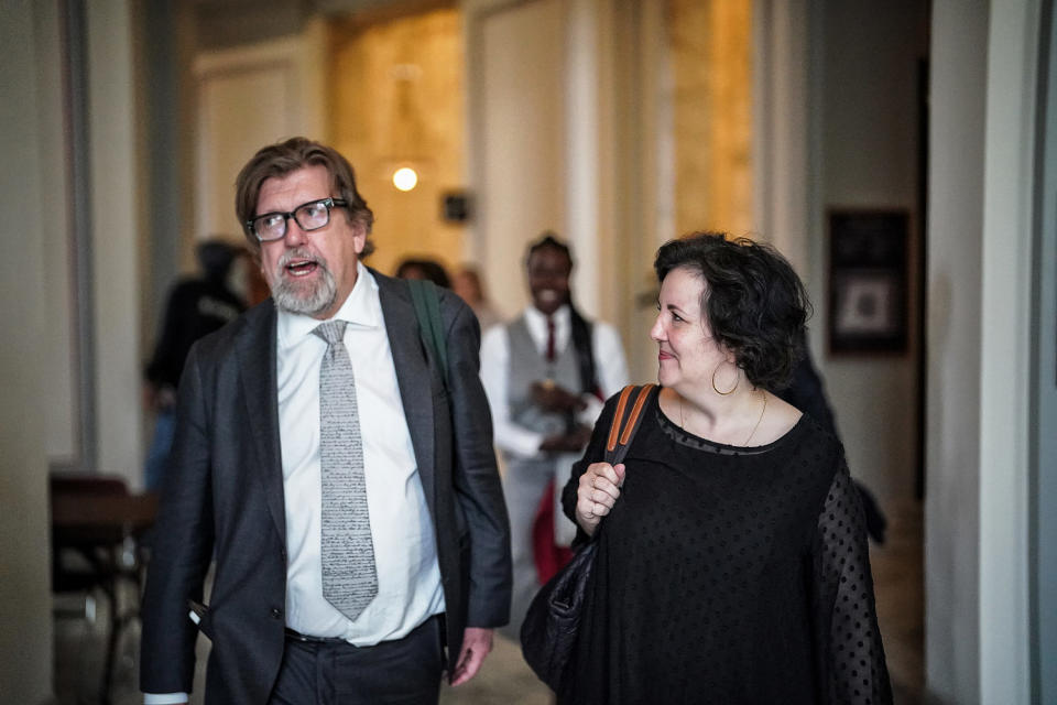 The New York Public Theater’s artistic director, Oskar Eustis, and Maria Manuela Goyanes, the artistic director of the Woolly Mammoth Theatre Company in Washington, D.C., at the Capitol to advocate for funding for theaters on April 11. (Frank Thorp V / NBC News)