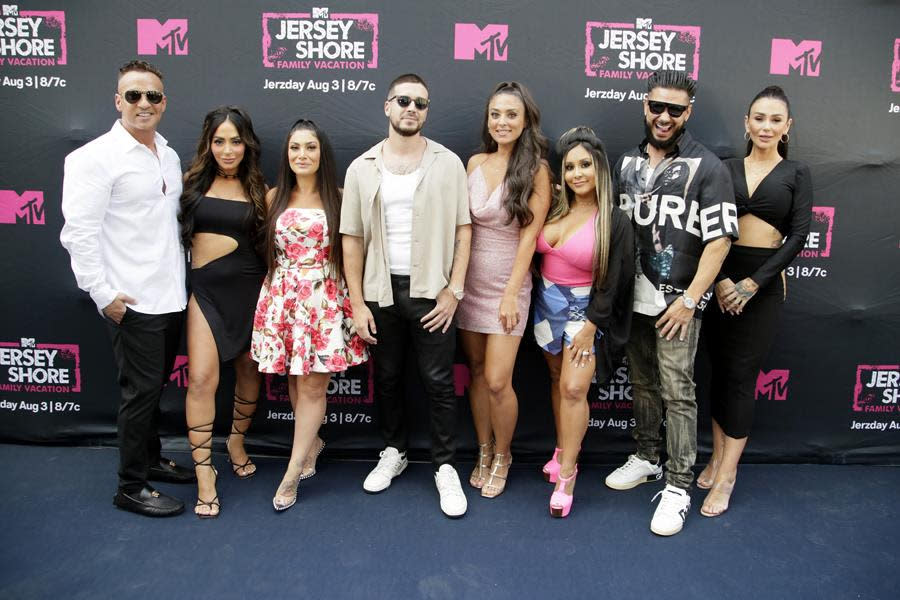 (Left to Right) Michael “The Situation” Sorrentino, Angelina Pivarnick, Deena Nicole Cortese, Vinny Guadagnino, Sammi “Sweetheart” Giancola, Nicole “Snooki” Polizzi, Paul “Pauly D” DelVecchio and Jenni “JWoww” Farley attend MTV’s Jersey Shore Family Vacation NYC Premiere Party at Hard Rock Hotel New York in New York City. (Santiago Felipe/Getty Images for MTV)