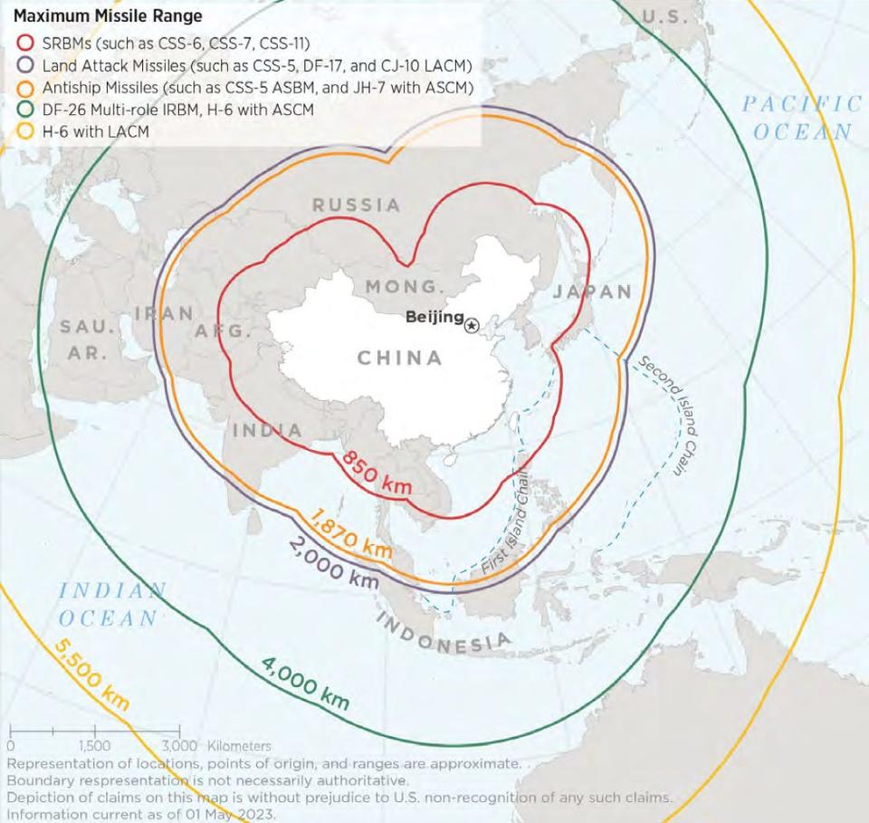2023 China Military Power Report map showing maximum missile range of China's rockets.