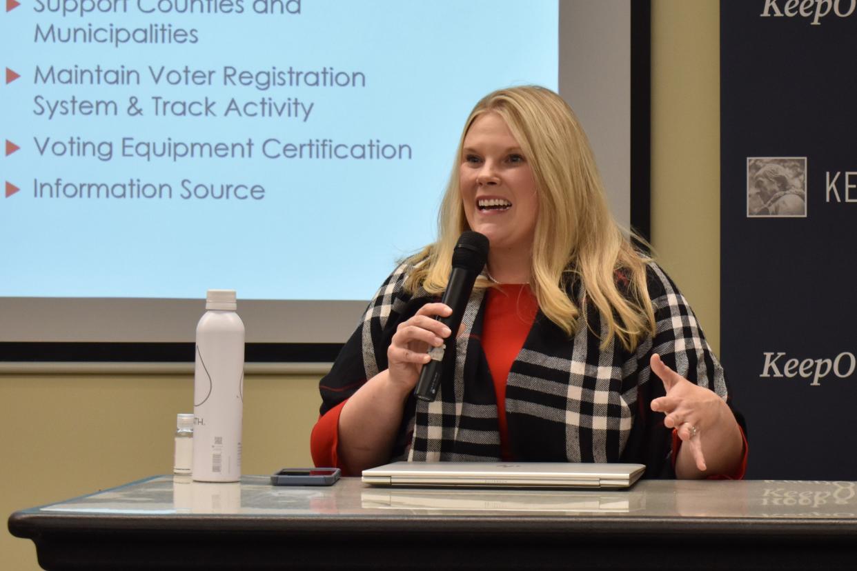 WEC Administrator Meagan Wolfe speaks at a Keep Our Republic voting education event in La Crosse on Wednesday, Oct. 25, 2023.