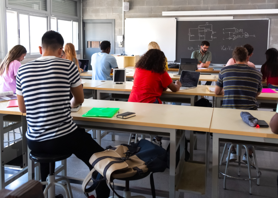 A class of high schoolers as viewed from the rear.