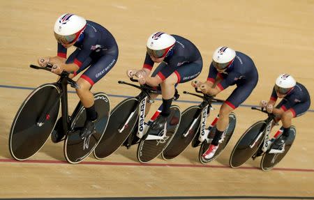 2016 Rio Olympics - Cycling Track - Women's Team Pursuit Final Gold Race - Rio Olympic Velodrome - Rio de Janeiro, Brazil - 13/08/2016. Kate Archibald (GBR) of Britain, Laura Trott (GBR) of Britain, Elinor Barker (GBR) of Britain and Joanna Rowsell (GBR) of Britain compete. REUTERS/Matthew Childs