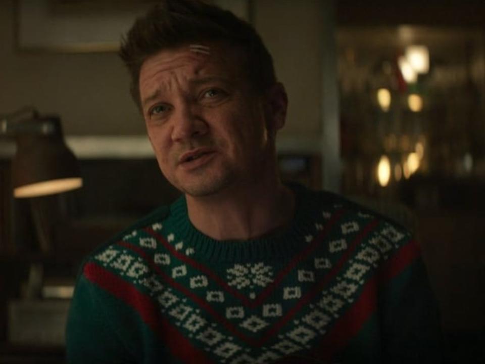 A festive Jeremy Renner in ‘Hawkeye' (Disney Plus)