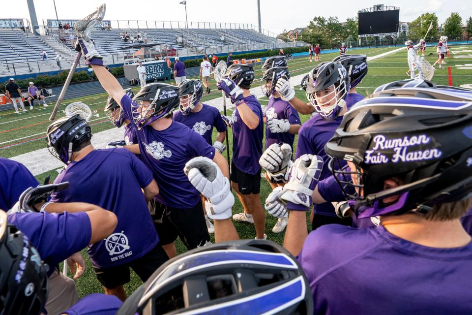 Ridgewood boys lacrosse takes on Rumson-Fair Haven in the semifinal round of the Kirst Cup at Kean University in Union, NJ on Thursday, June 15, 2023. Rumson-Fair Haven players get ready to play. 