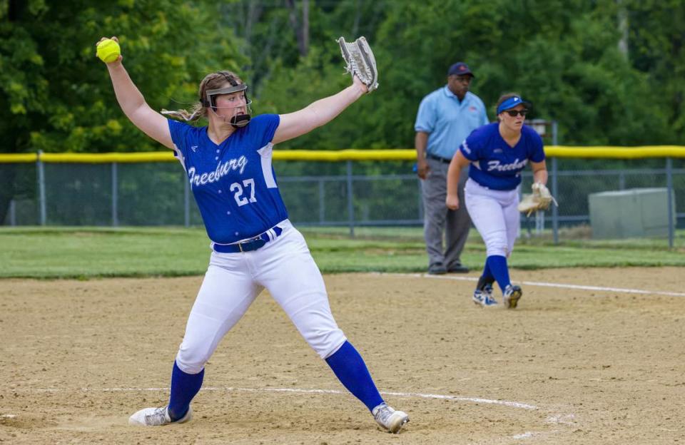 Freeburg’s Samantha Roulanaitis delivers a pitch during the IHSA Class 2A Althoff Regional championship game Friday, May 19, against Breese Central. The Midgets rolled to a 6-0 victory and now advance to sectional competition.