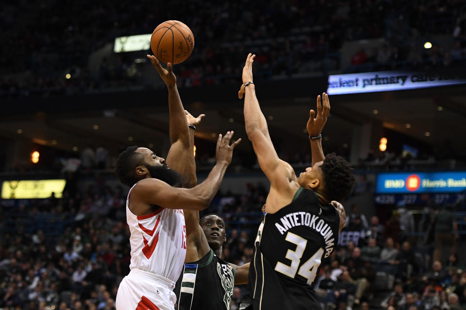 James Harden believes he is a step above Giannis Antetokounmpo. (Stacy Revere/Getty Images)