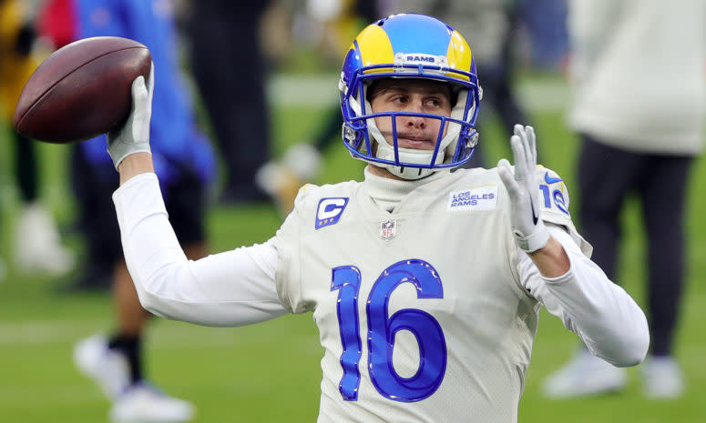 Rams starting quarterback Jared Goff warms up.