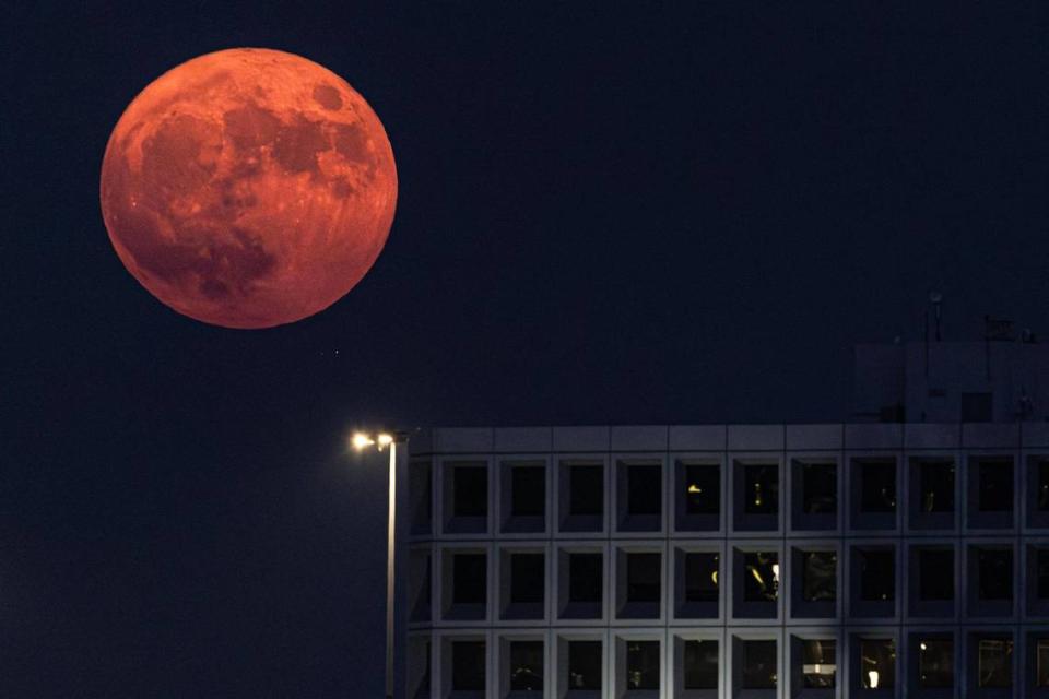 The Super Blue Moon rises over the Summit Office Park Plaza near downtown Fort Worth on Wednesday, Aug. 30, 2023. Chris Torres/ctorres@star-telegram.com