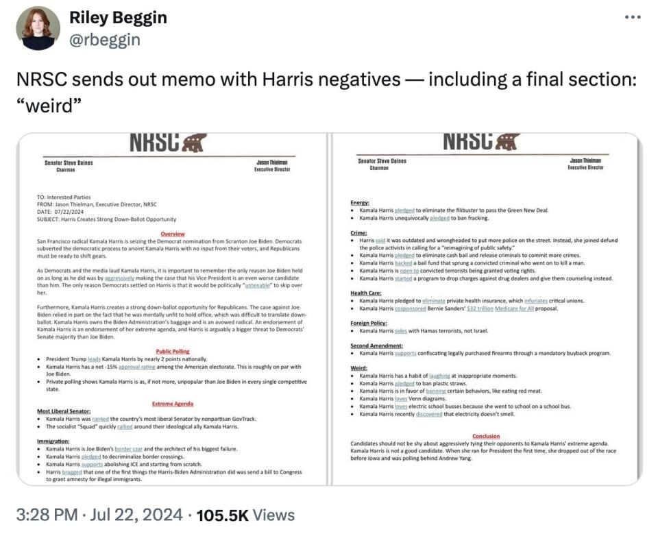Twitter screenshot Riley Beggin @rbeggin: NRSC sends out memo with Harris negatives — including a final section: “weird” with screenshots attached of memo