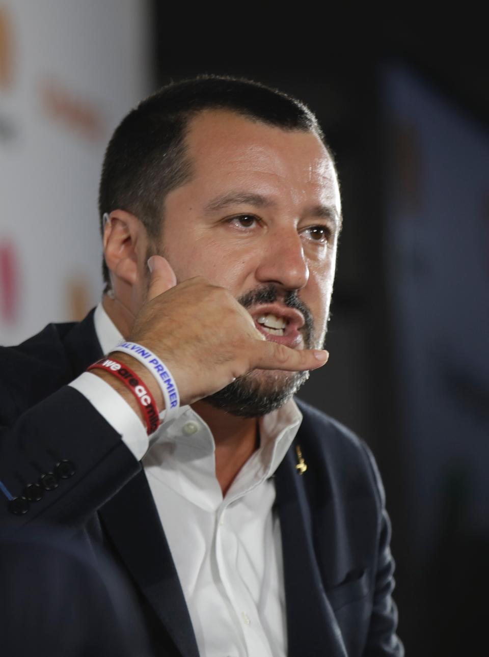 Italy's Interior Matteo Salvini answers questions during an interview, in Milan, Italy, Monday, Sept. 10, 2018. Italian Interior Minister Matteo Salvini insisted that his country has been largely forced to manage an influx of refugees and migrants to Europe on its own and suggested like Austria's leader that the United Nations should focus its attention elsewhere. (AP Photo/Luca Bruno)