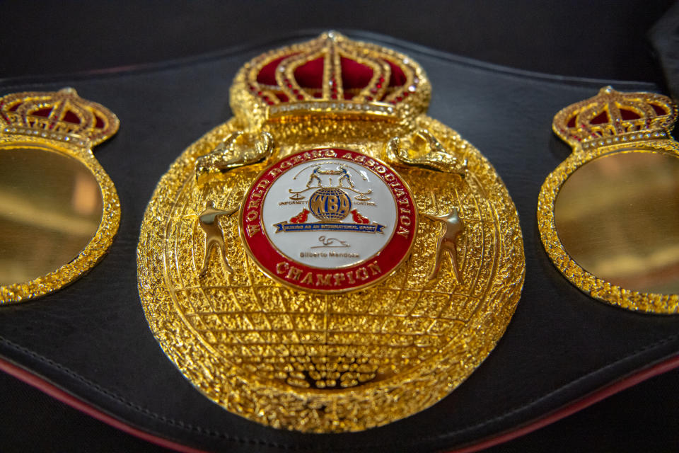 MIAMI, FL - APRIL 04:  A detailed view of the WBA belt of Middleweight World Champion Claressa Shields on display before her workout for the media at 5th Street Gym on April 4, 2019 in Miami, Florida. Shields is training to fight WBO Middleweight World Champion Christina Hammer for the undisputed middleweight world championship April 13. (Photo by Mark Brown/Getty Images)