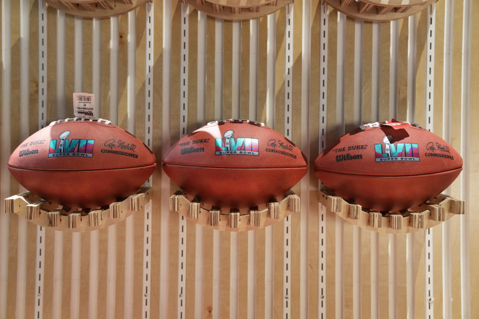 Feb 11, 2023; Phoenix, AZ, USA; Wilson official NFL Duke game footballs at the Super Bowl LVII Experience at the Phoenix Convention Center.  Mandatory Credit: Kirby Lee-USA TODAY Sports