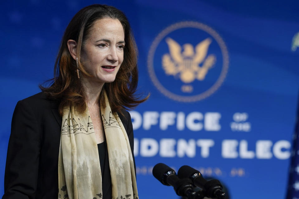 FILE - In this Nov. 24, 2020, file photo President-elect Joe Biden's nominee for Director of National Intelligence Avril Haines speaks at The Queen theater in Wilmington, Del. (AP Photo/Carolyn Kaster, File)
