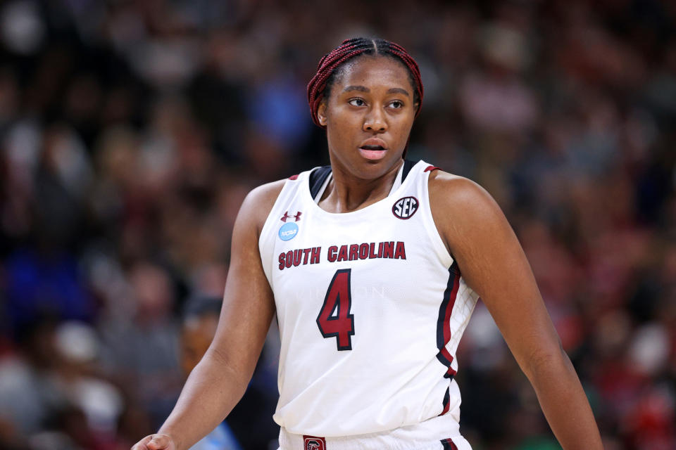 GREENVILLE, South Carolina - MARCH 25: Allie Boston #4 of the South Carolina Gamecocks looks on during halftime against the UCLA Bruins in the Sweet 16 round of the NCAA Women's Championship.  s Basketball Tournament at Bon Secours Wellness Arena on March 25, 2023 in Greenville, South Carolina.  (Photo by Maddie Meyer/Getty Images)